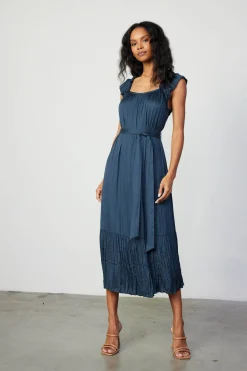 Current Air Crinkled Ruffled Shoulder Midi Dress NAVY Discount