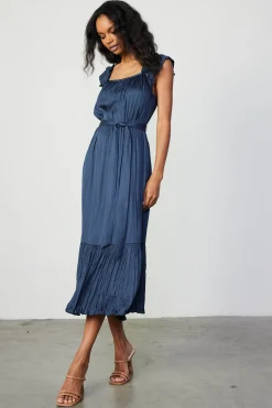 Current Air Crinkled Ruffled Shoulder Midi Dress NAVY Discount