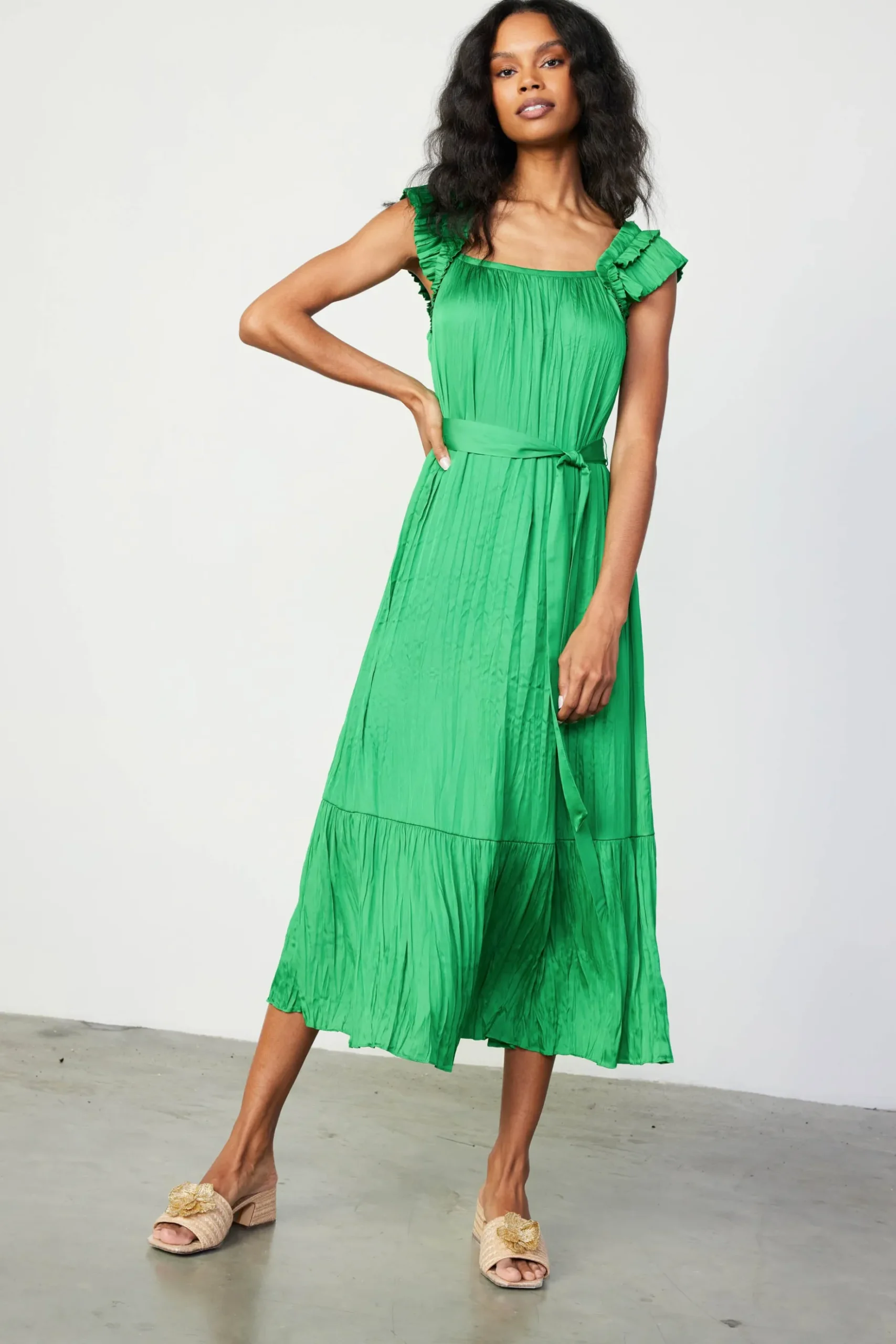 Current Air Crinkled Ruffled Shoulder Midi Dress DEEPSPRINGGREEN Outlet