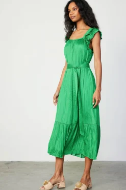 Current Air Crinkled Ruffled Shoulder Midi Dress DEEPSPRINGGREEN Outlet