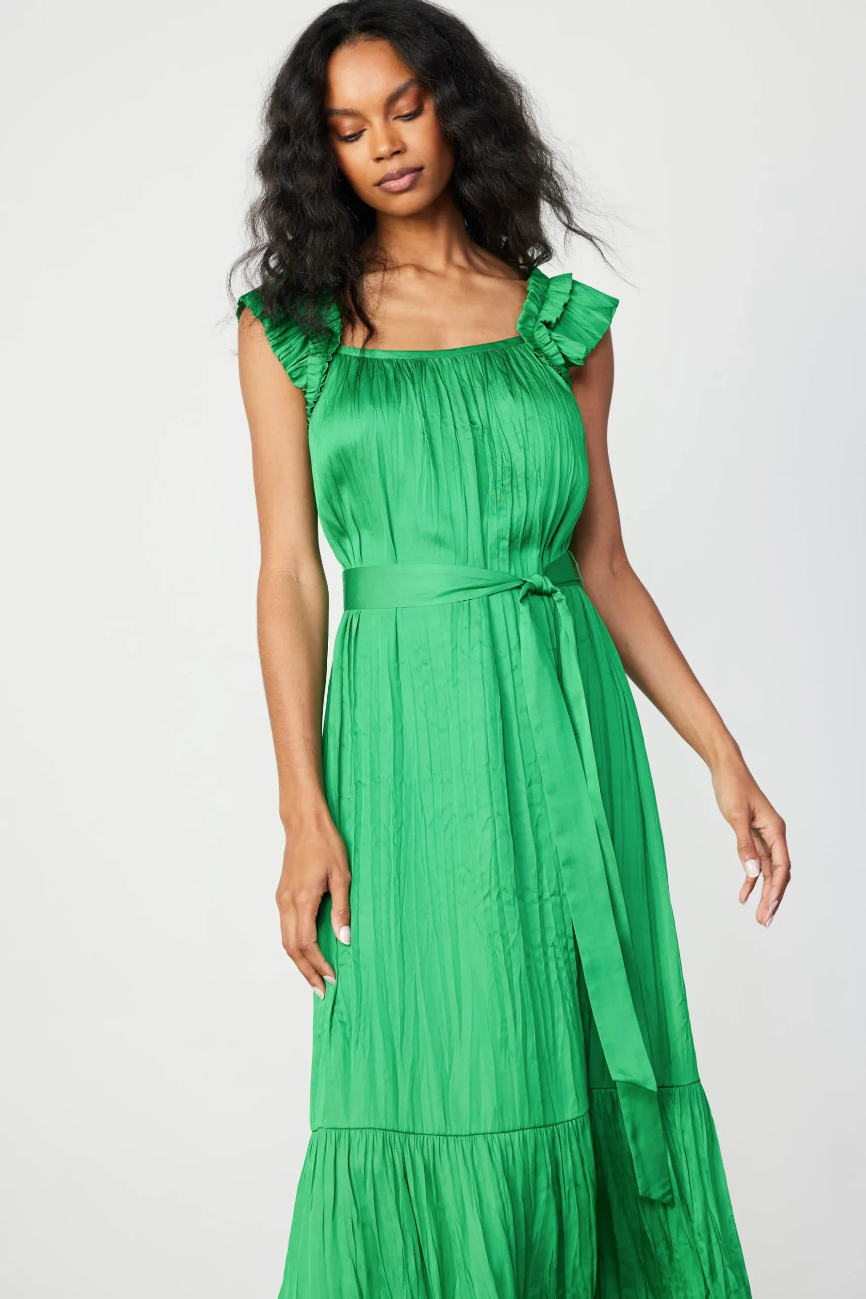 Current Air Crinkled Ruffled Shoulder Midi Dress DEEPSPRINGGREEN Outlet