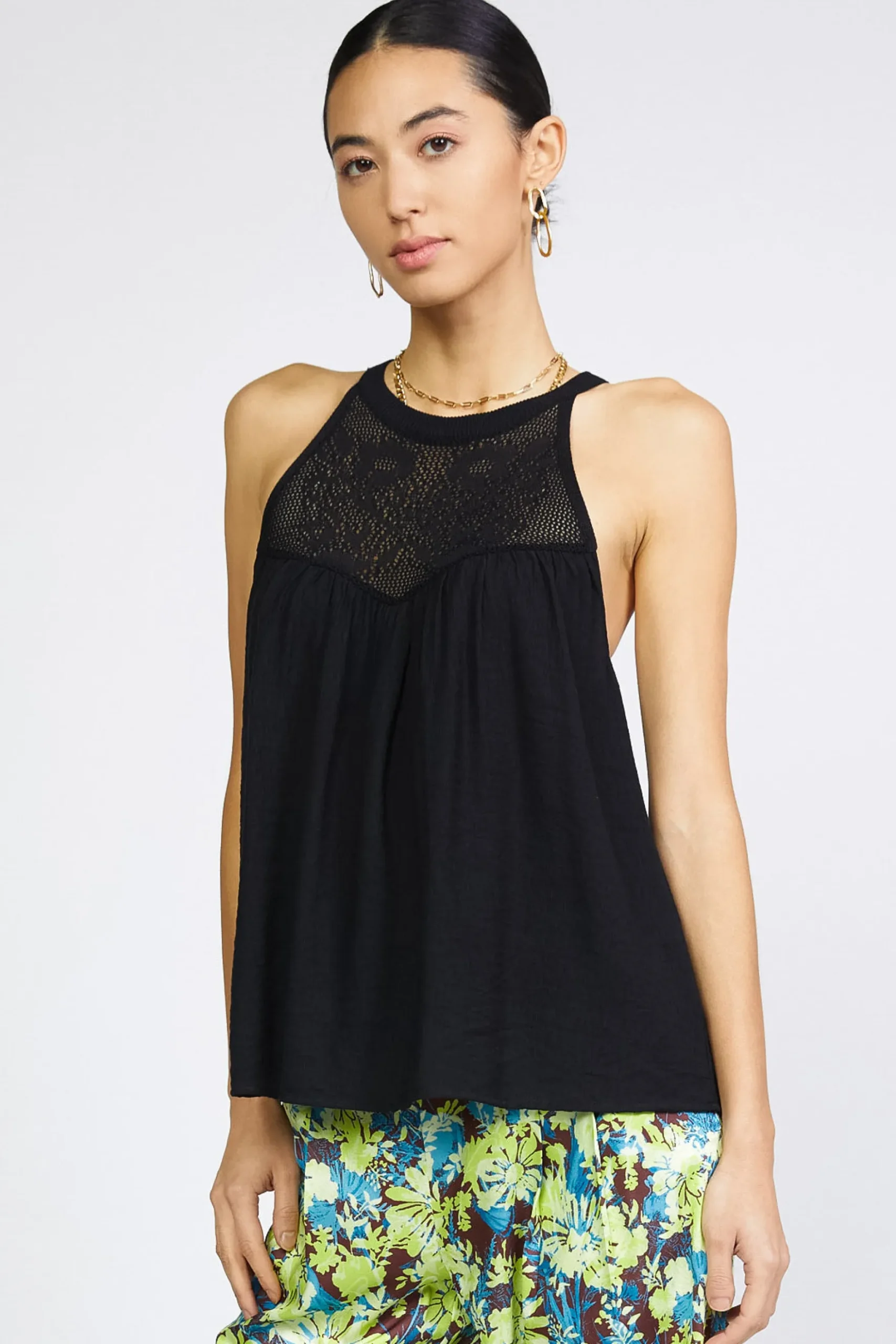 Current Air Crotchet Yoke Top BLACK Fashion