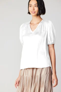 Current Air Cuffed Pleated Yoke Top WHITE Best