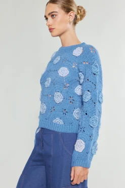 Current Air 3D Floral Crochet Sweater BLUEMLT Online