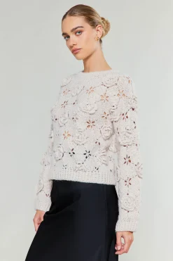 Current Air 3D Floral Crochet Sweater IVORY Outlet