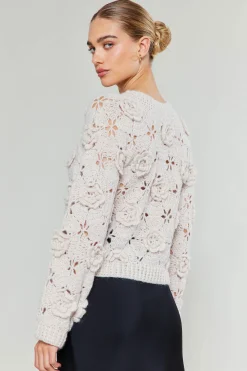 Current Air 3D Floral Crochet Sweater IVORY Outlet