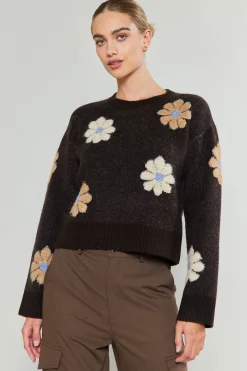 Current Air Daisy Embroidered Sweater BROWN Hot