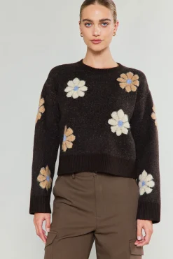 Current Air Daisy Embroidered Sweater BROWN Hot