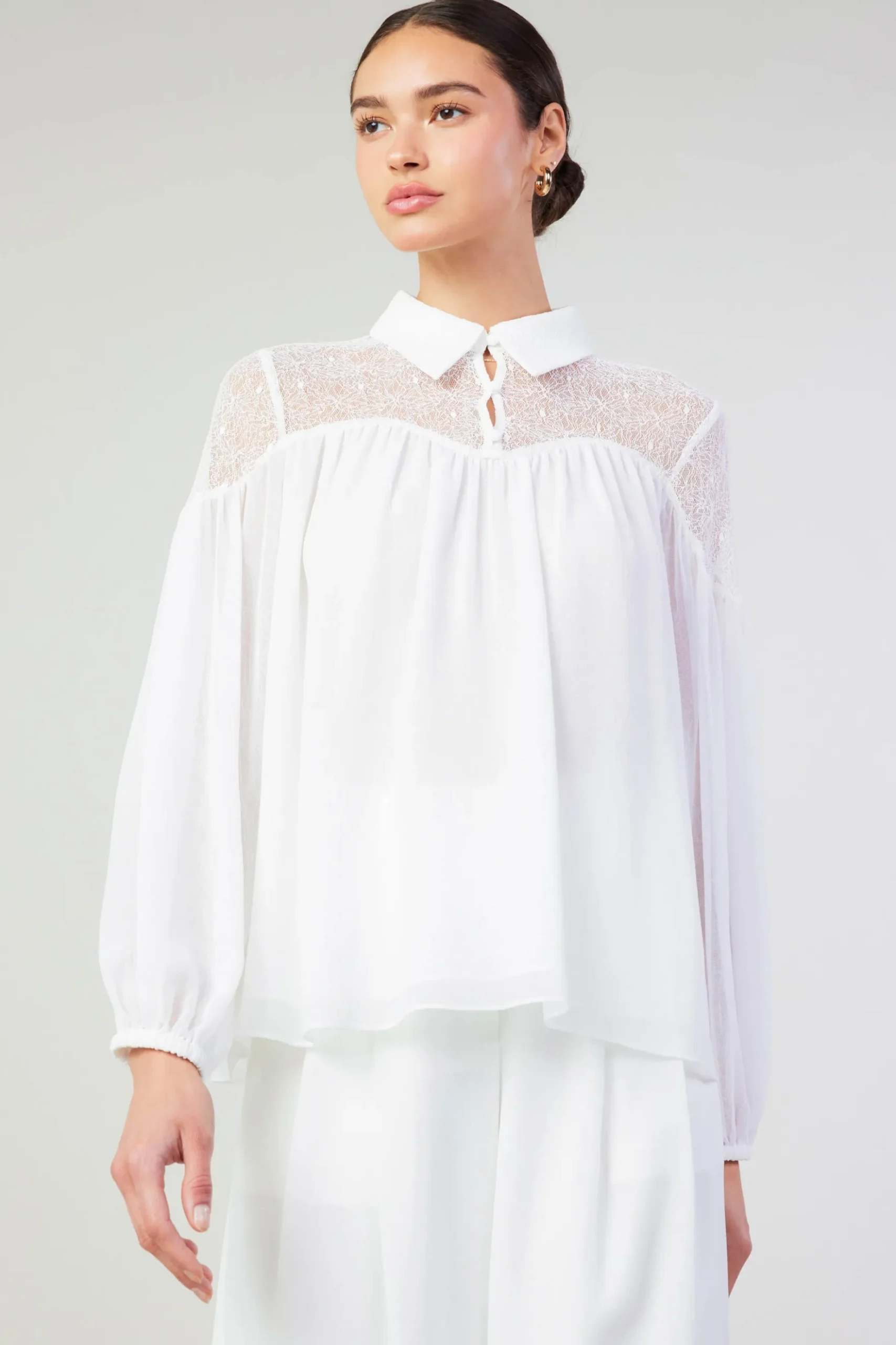 Current Air Elyse Lace Yoke Blouse WHITE Fashion