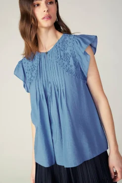 Current Air Embroidered Cap Sleeve Top DENIMBLUE Discount