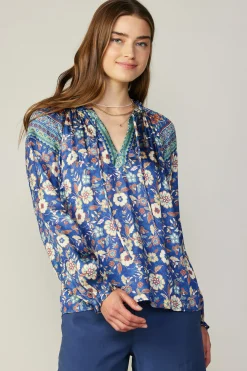 Current Air Floral Border Print Blouse NAVYFLORALMLT New