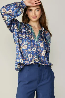 Current Air Floral Border Print Blouse NAVYFLORALMLT New