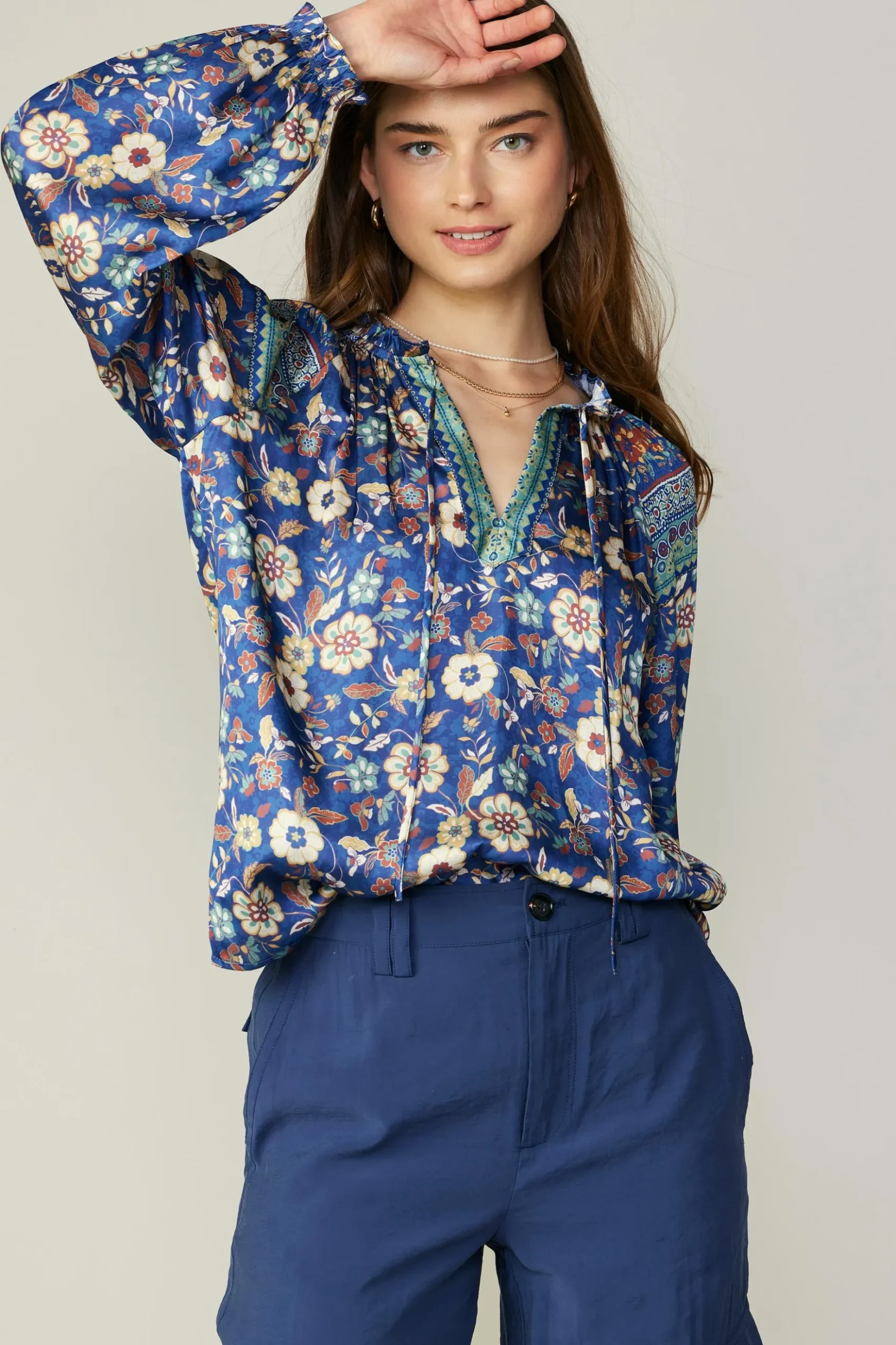 Current Air Floral Border Print Blouse NAVYFLORALMLT New