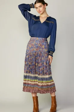Current Air Floral Border Print Midi Skirt BLUEBROWNMLT Online