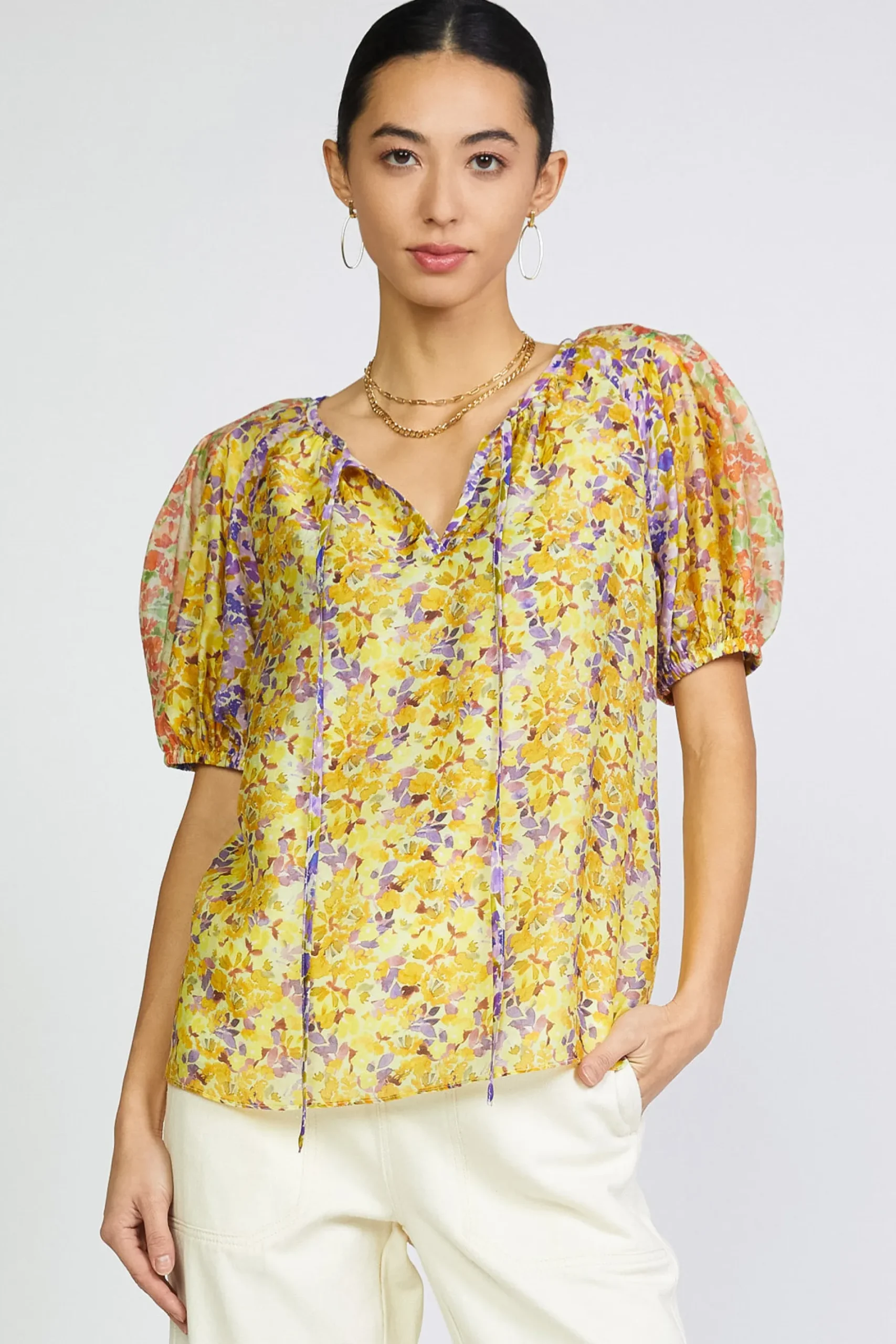 Current Air Floral Colorblock Split Neck Blouse MULTI Sale