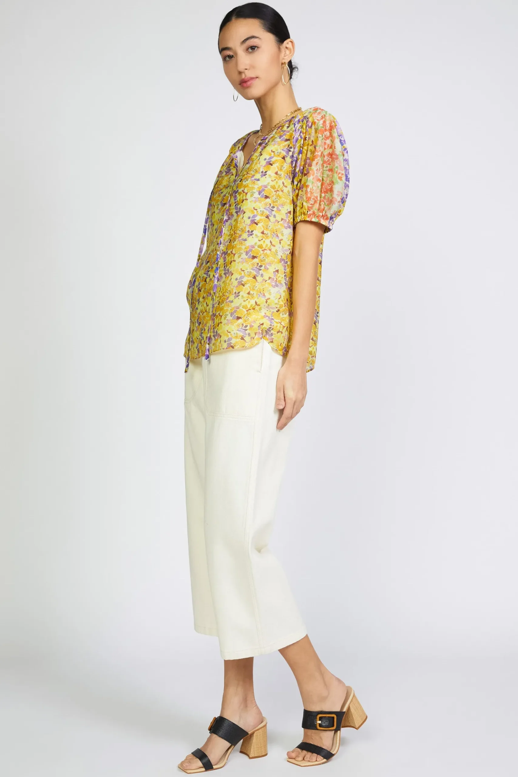 Current Air Floral Colorblock Split Neck Blouse MULTI Sale