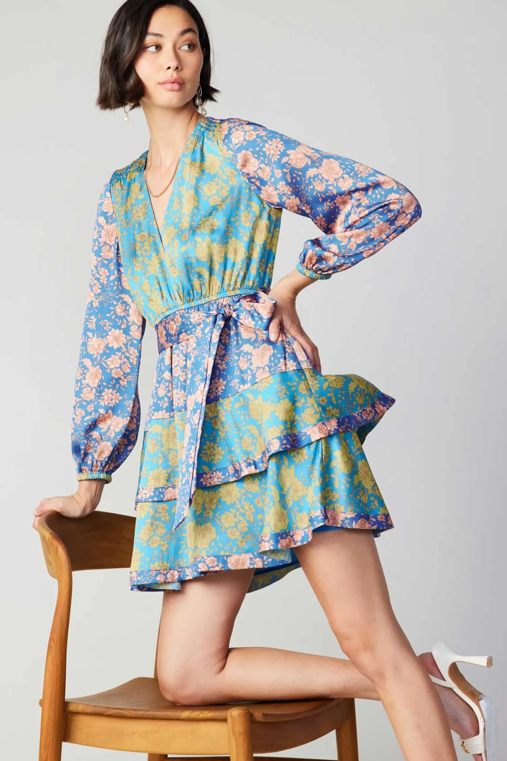 Current Air Floral Colorblock Surplice Mini Dress BLUEMULTIFLORAL Sale