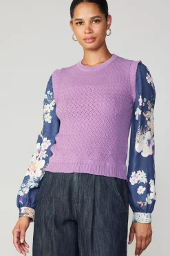 Current Air Floral Contrast Sleeve Sweater Top LILAC Fashion