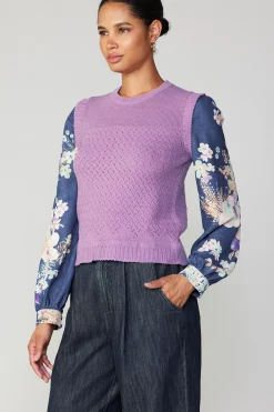 Current Air Floral Contrast Sleeve Sweater Top LILAC Fashion