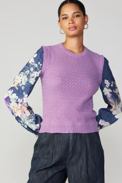 Current Air Floral Contrast Sleeve Sweater Top LILAC Fashion