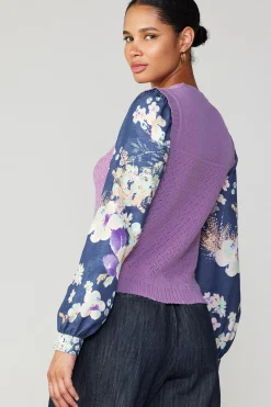 Current Air Floral Contrast Sleeve Sweater Top LILAC Fashion