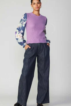 Current Air Floral Contrast Sleeve Sweater Top LILAC Fashion