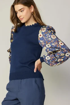 Current Air Floral Contrast Sweater Top NAVYFLORAL Clearance