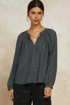 Current Air Floral Jacquard Split Neck Top DARKOLIVE Fashion