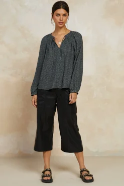Current Air Floral Jacquard Split Neck Top DARKOLIVE Fashion