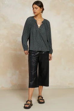 Current Air Floral Jacquard Split Neck Top DARKOLIVE Fashion