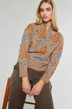 Current Air Floral Jacquard Zip Sweater TAUPEMULTI Best