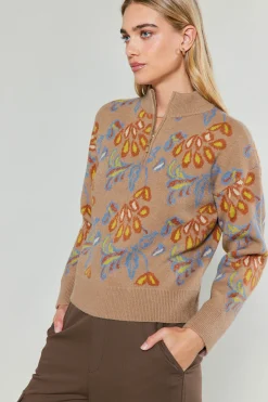 Current Air Floral Jacquard Zip Sweater TAUPEMULTI Best