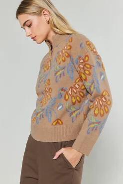 Current Air Floral Jacquard Zip Sweater TAUPEMULTI Best