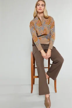Current Air Floral Jacquard Zip Sweater TAUPEMULTI Best