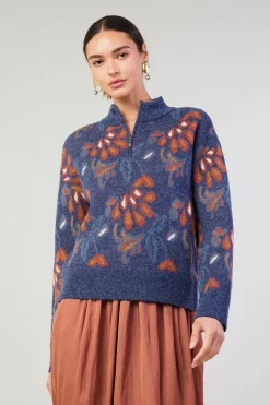 Current Air Floral Jacquard Zip Sweater DENIMBLUE Outlet