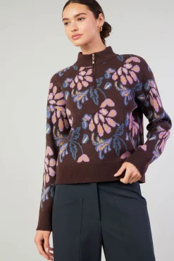 Current Air Floral Jacquard Zip Sweater BROWNMLT Clearance