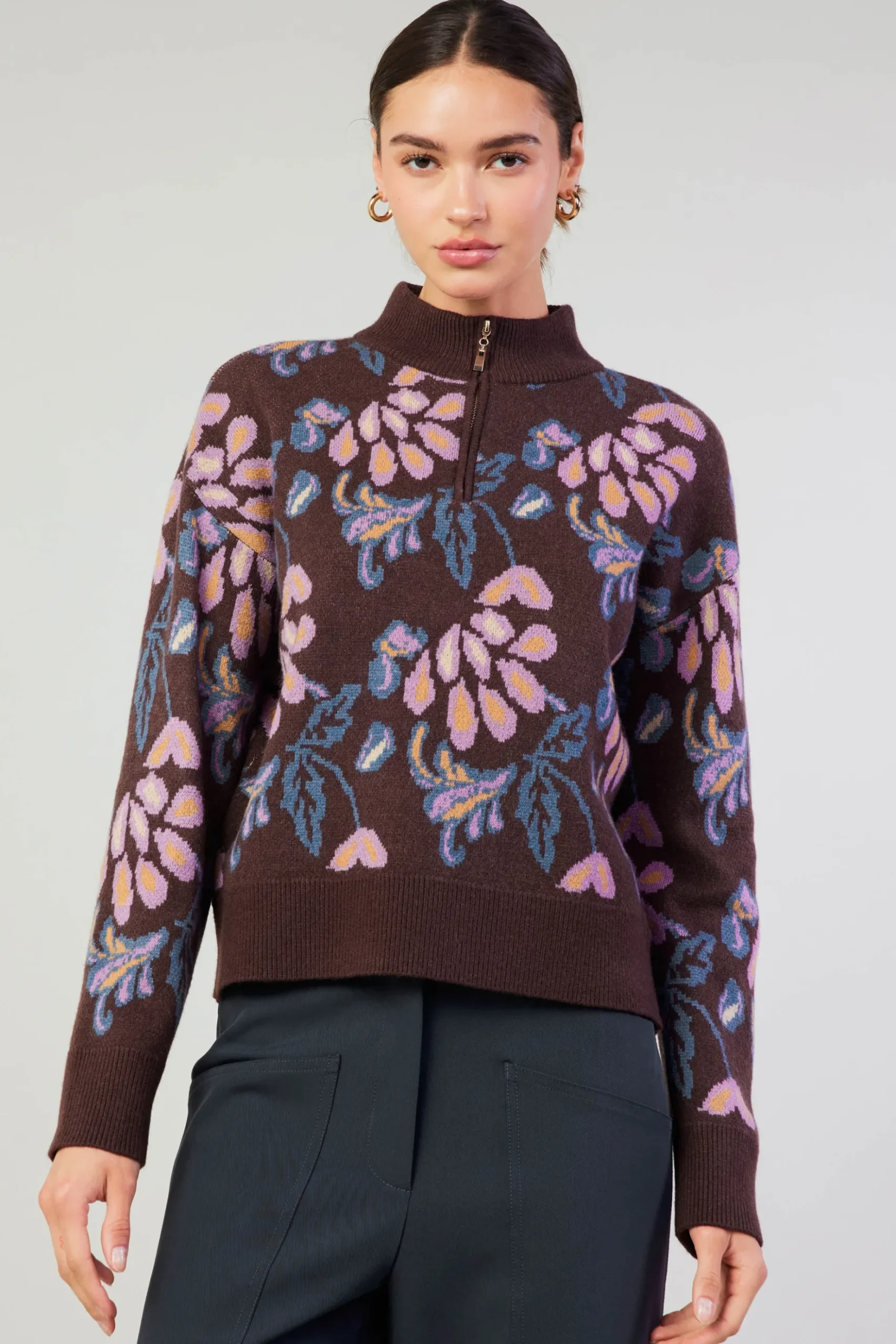 Current Air Floral Jacquard Zip Sweater BROWNMLT Clearance