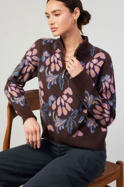 Current Air Floral Jacquard Zip Sweater BROWNMLT Clearance