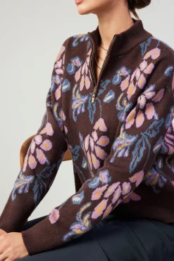 Current Air Floral Jacquard Zip Sweater BROWNMLT Clearance