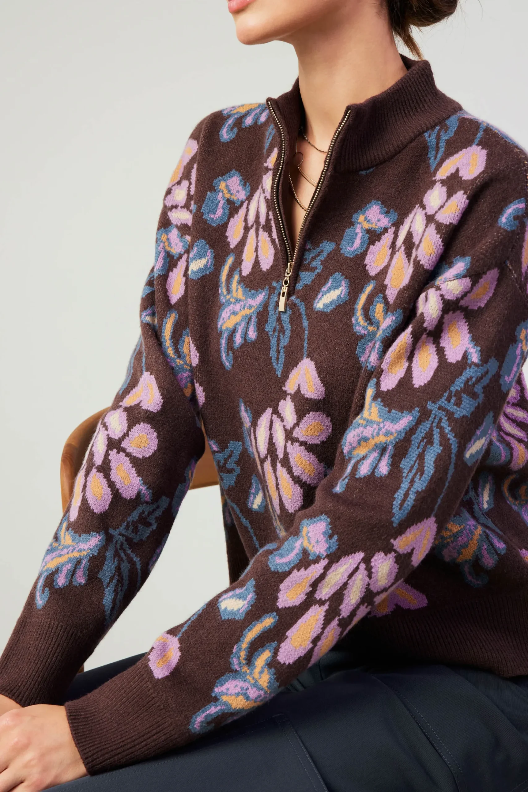 Current Air Floral Jacquard Zip Sweater BROWNMLT Clearance