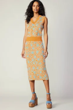 Current Air Floral Knit Midi Skirt ORANGEMLT New