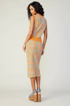 Current Air Floral Knit Midi Skirt ORANGEMLT New