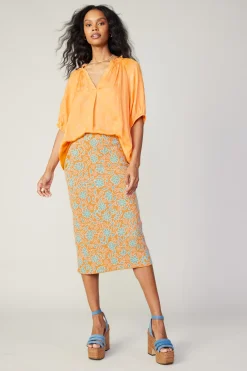 Current Air Floral Knit Midi Skirt ORANGEMLT New
