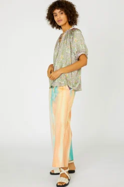 Current Air Floral Nouveau Split Neck Blouse GREENPINK New