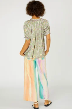 Current Air Floral Nouveau Split Neck Blouse GREENPINK New