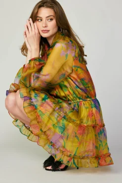 Current Air Floral Organza Mini Dress YELLOW New
