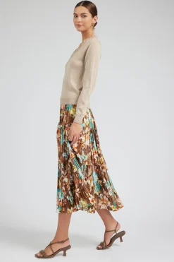 Current Air Floral Pleated Midi Skirt BROWNMLT New