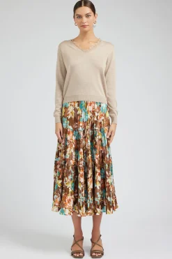 Current Air Floral Pleated Midi Skirt BROWNMLT New