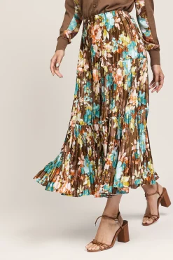 Current Air Floral Pleated Midi Skirt BROWNMLT New