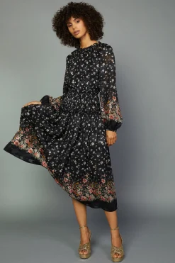 Current Air Floral Smocked Midi Dress BLACKFLORAL Discount